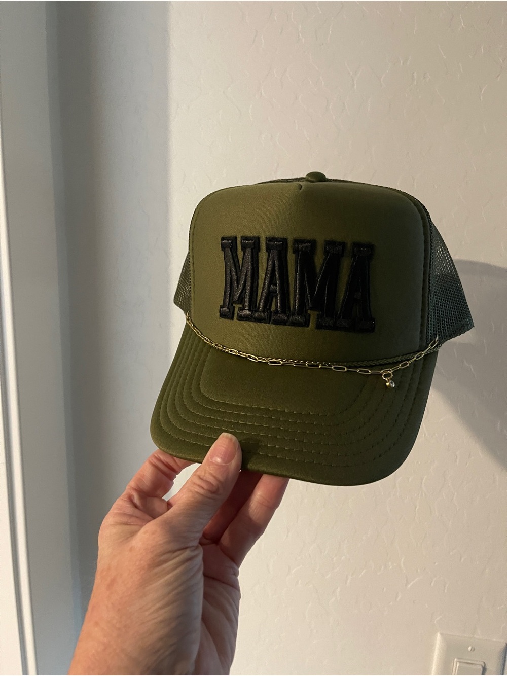 Olive Green "MAMA" Trucker Hat with Chain Accent